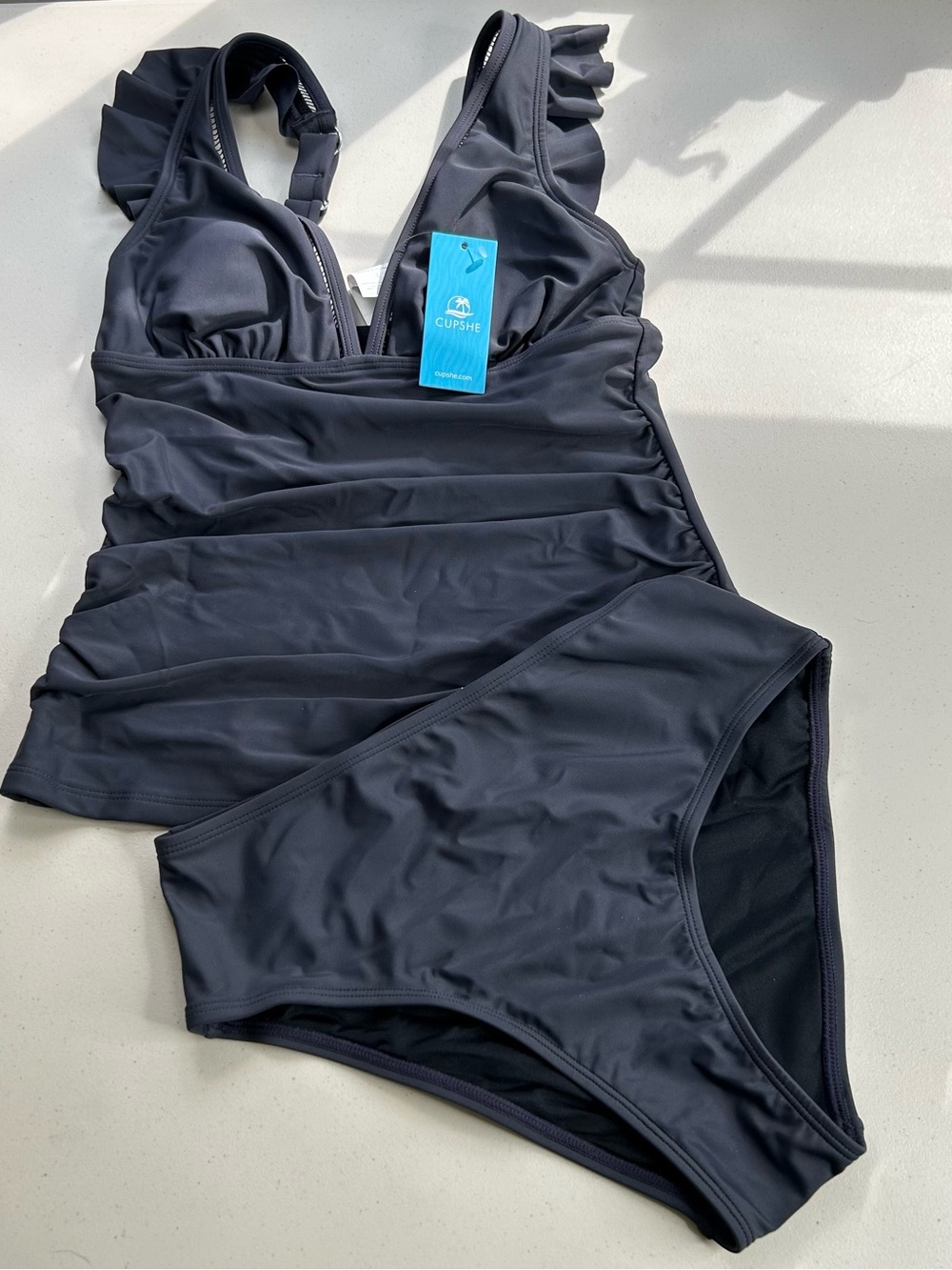 Cupshe Tankini Bikini Set Black XS Ruffle Tummy Control New